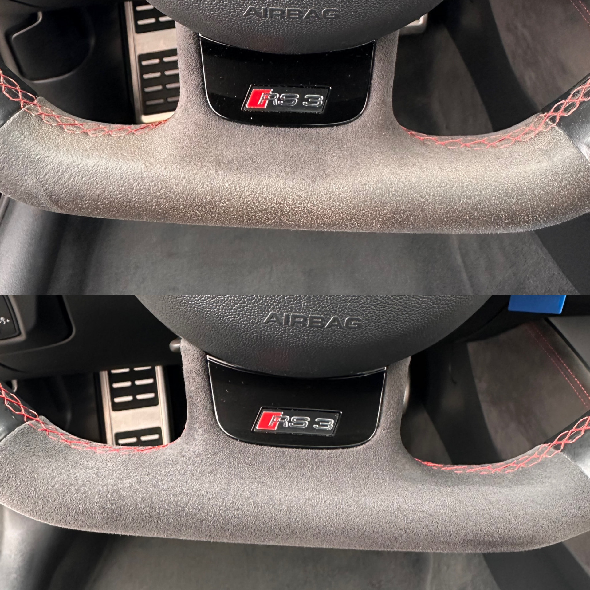 Avant et après nettoyage d’un volant en Alcantara d’Audi RS3 : surface lustrée et tassée en haut, matière ravivée en bas.