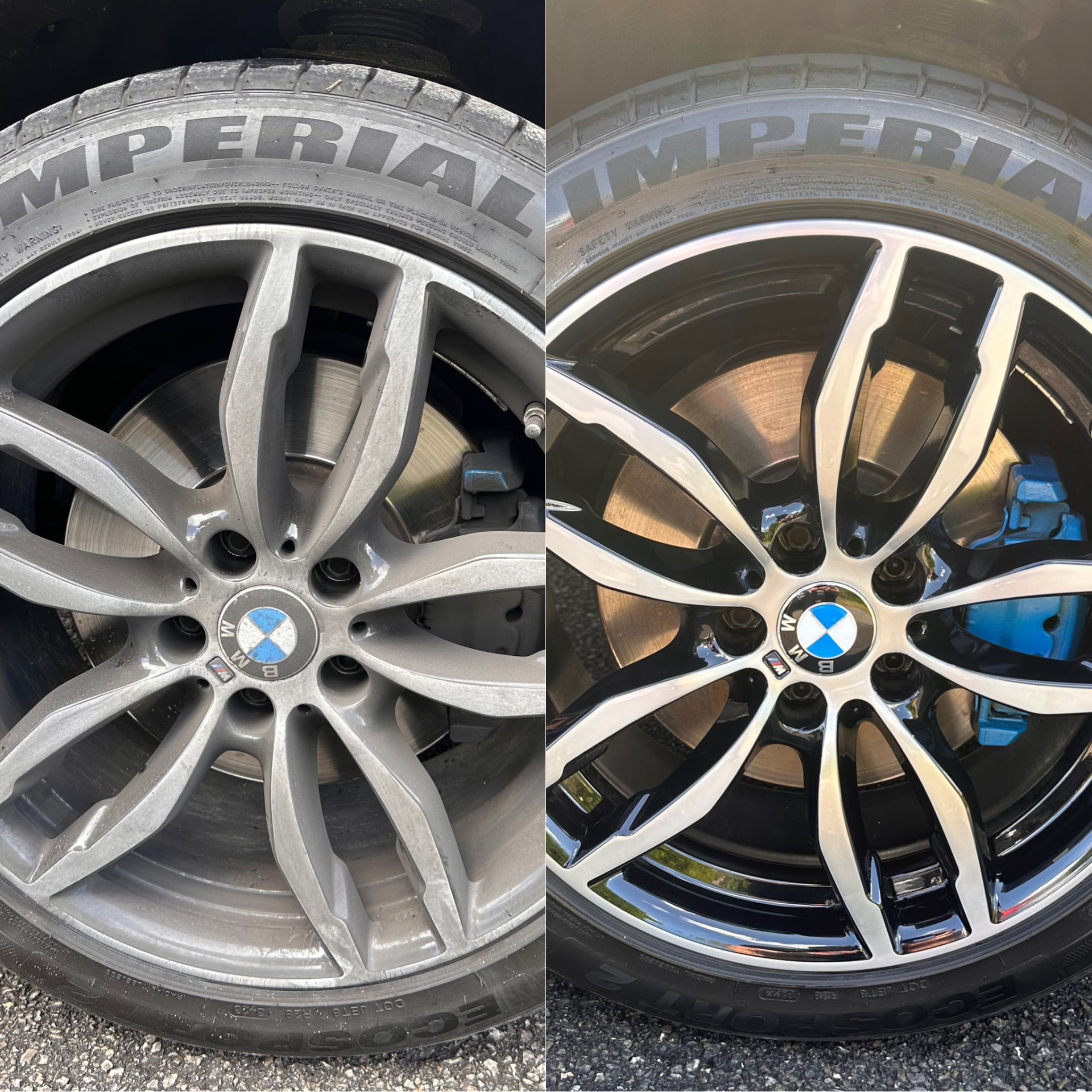 Avant et après nettoyage d’une jante BMW : jante encrassée à gauche et jante nettoyée à droite.