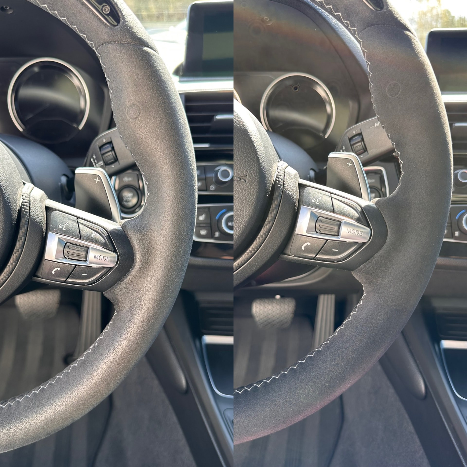 Avant et après nettoyage d’un volant BMW en Alcantara : matière tassée et brillante à gauche, aspect velours retrouvé à droite.