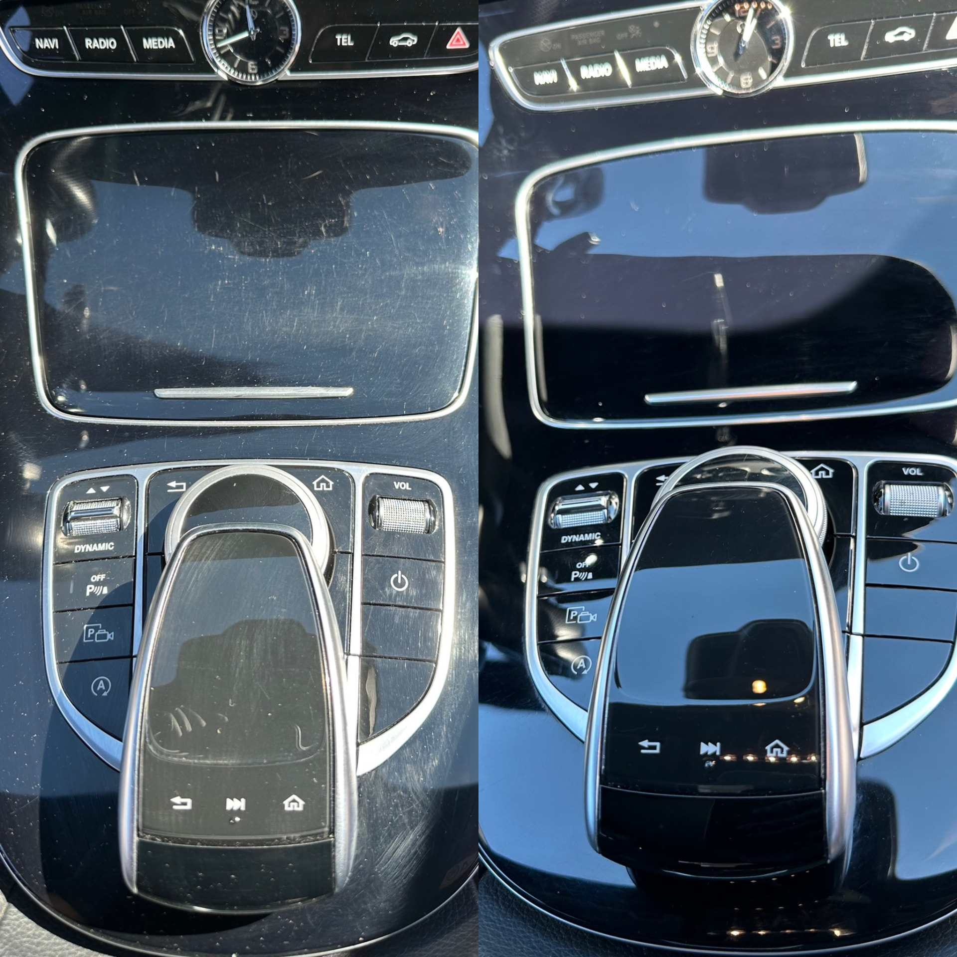 Avant et après rénovation de la console centrale noir laqué d’une Mercedes : surfaces rayées et voilées à gauche, finition brillante et profonde à droite.