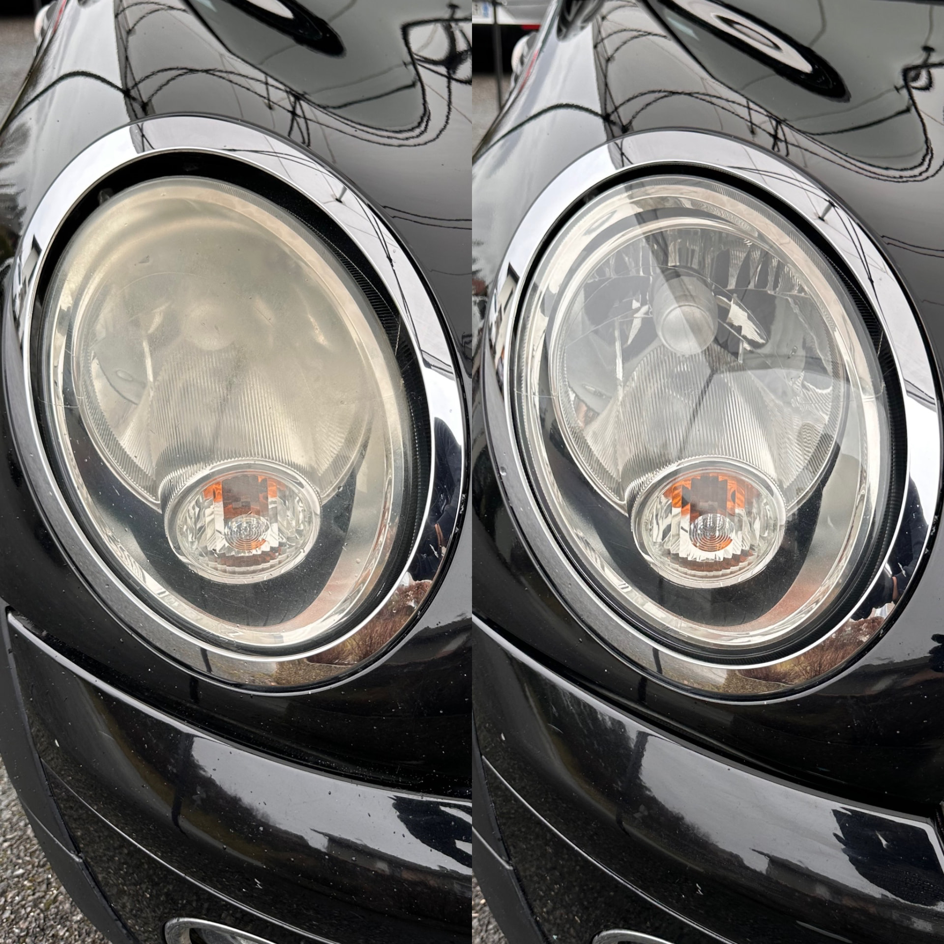 Avant et après rénovation d’un phare rond de Mini noire : optique jaunie à gauche, optique claire à droite.