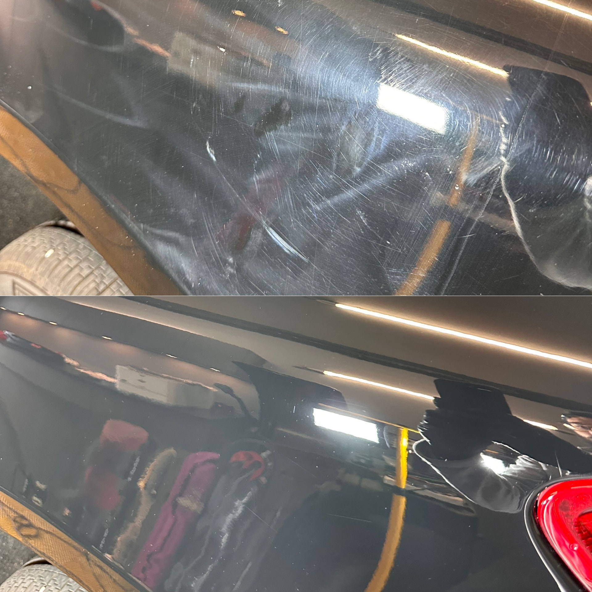 Avant et après correction de peinture sur une carrosserie sombre : défauts de surface en haut et reflets après polissage en bas.