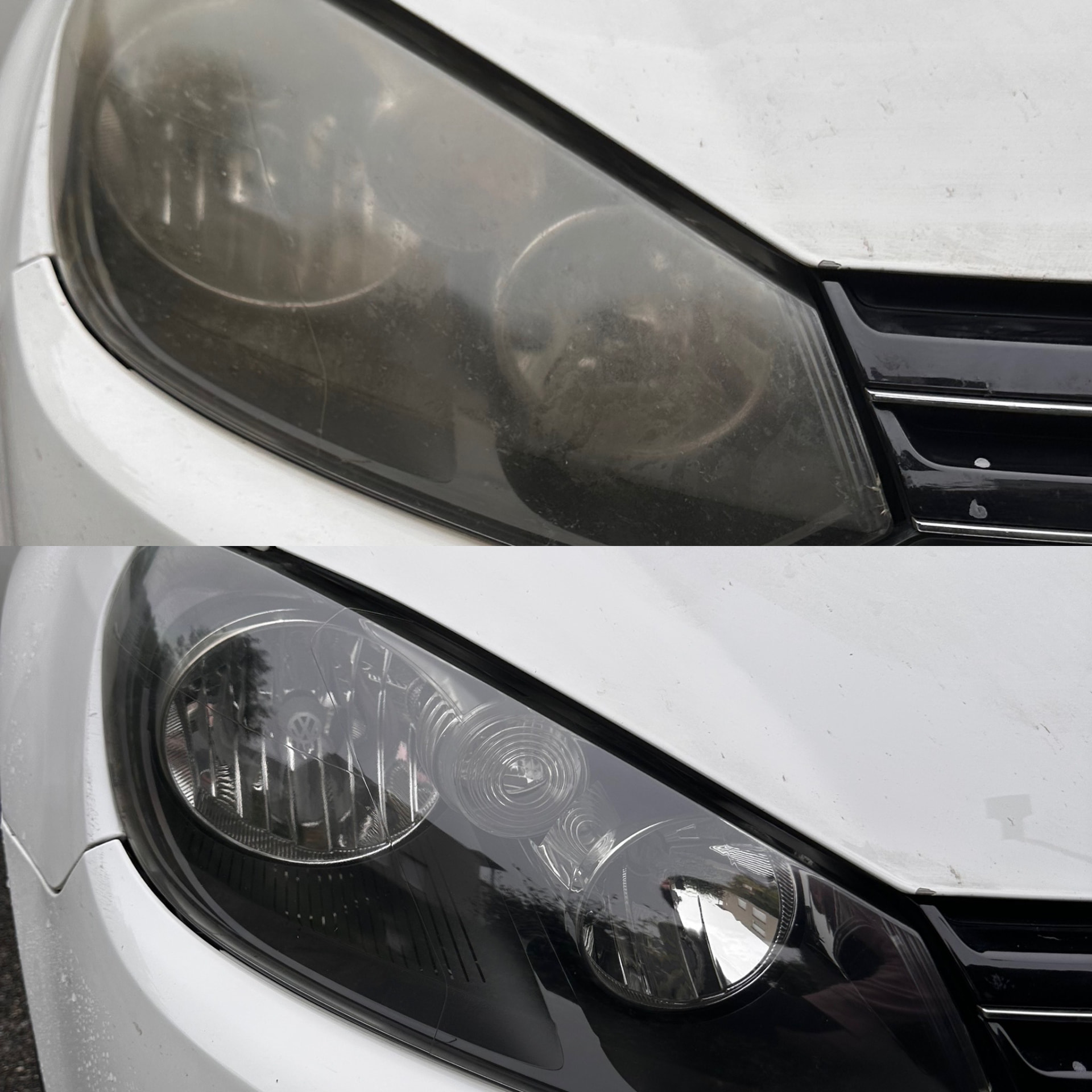 Avant et après rénovation d’un phare de Volkswagen blanche : optique jaunie et opaque en haut, optique transparente en bas.